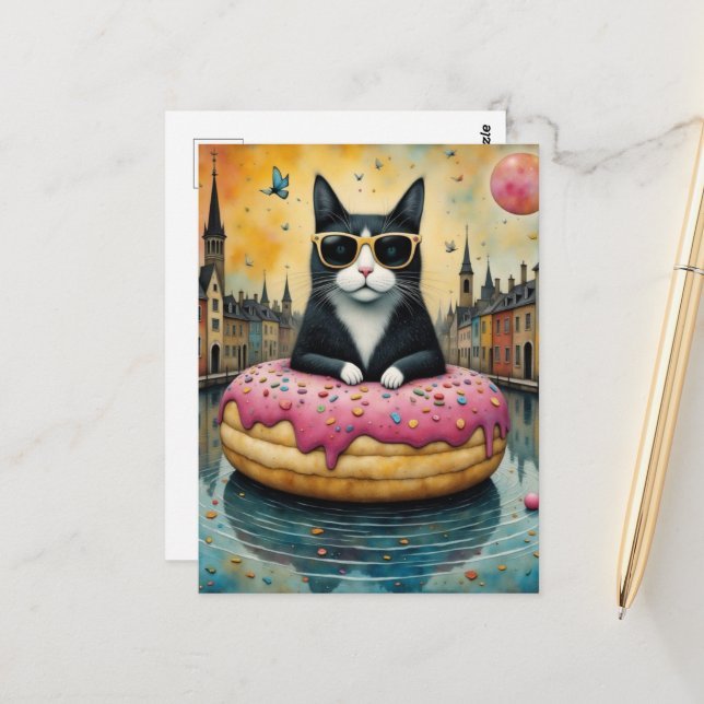 Carte Postale Chaton en vacances dans un beignet flottant (Devant/Arrière en situation)