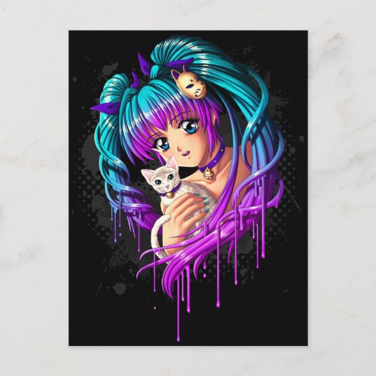 Carte Postale Chaton Et Fille Manga Avec Tresses Zazzle Fr