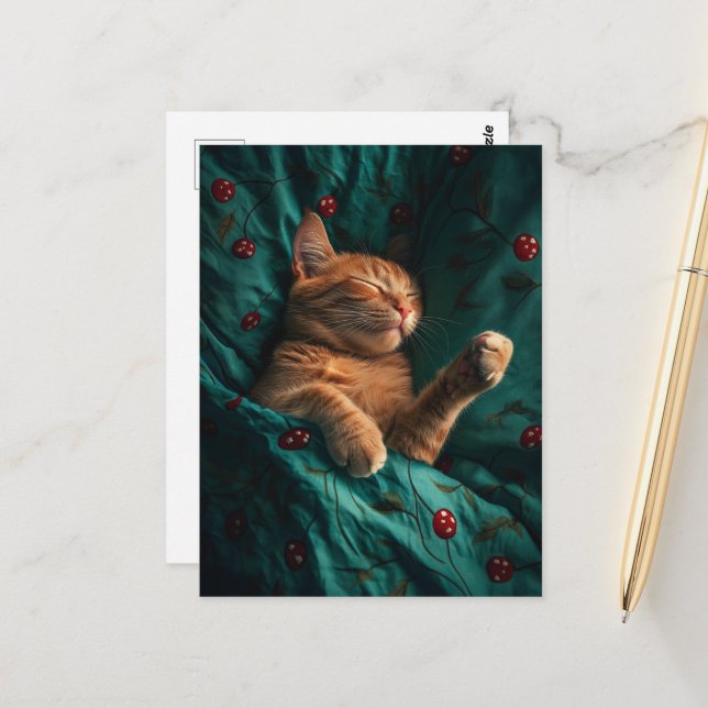 Carte Postale Chaton Gingembre Endormi Sous les Couvertures (Devant/Arrière en situation)