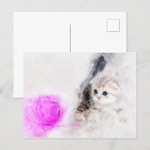 Carte Postale Chaton jouant avec une boule de fil rose aquarelle
