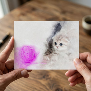Carte Postale Chaton jouant avec une boule de fil rose aquarelle