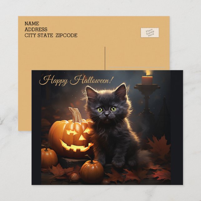 Carte Postale Chaton Kitty noir Halloween, citrouilles de Jack o (Devant / Derrière)