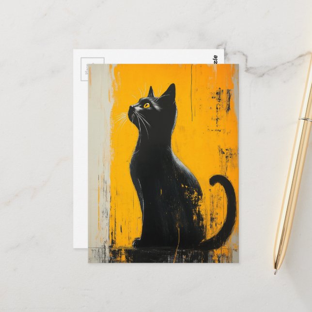 Carte Postale chaton noir adorable grunge fond jaune (Devant/Arrière en situation)