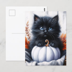 Carte Postale Chaton noir avec Halloween de citrouille blanche