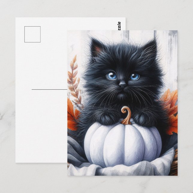 Carte Postale Chaton noir avec Halloween de citrouille blanche (Devant / Derrière)