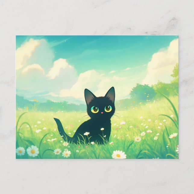 Carte Postale Chaton noir dans un pré ensoleillé de fleurs de ma (Devant)