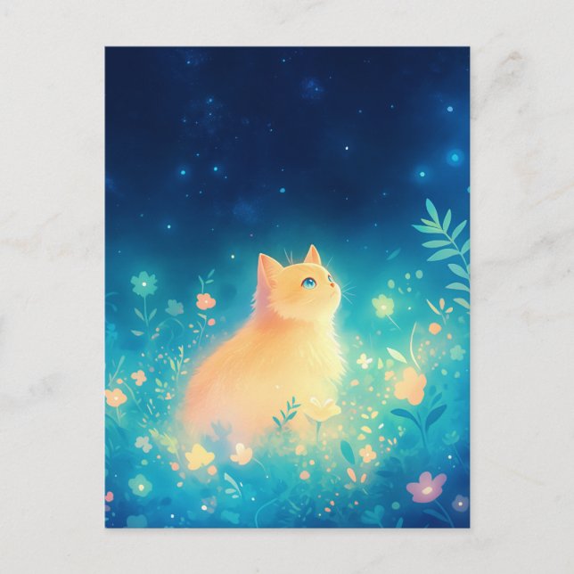 Carte Postale Chaton orange dans prairie étoilée de nuit (Devant)