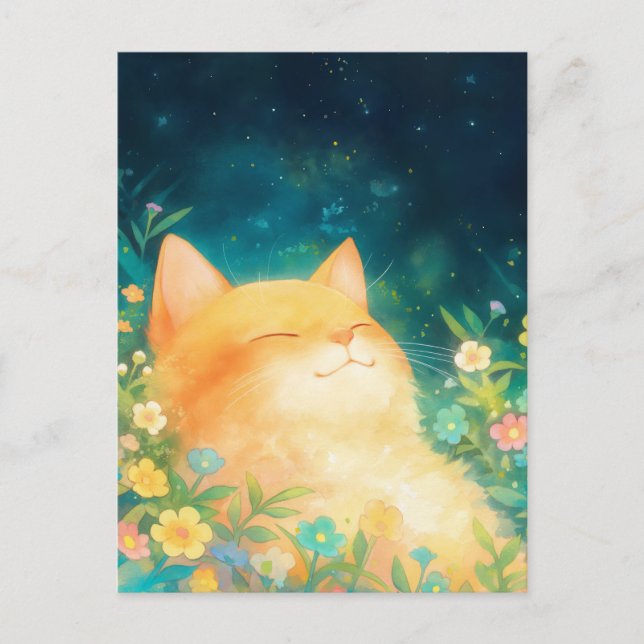 Carte Postale Chaton Orange Heureux Nuit Étoilée (Devant)