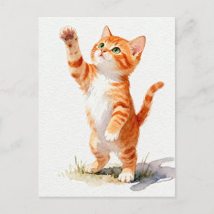 Carte Postale Chaton orange tabby charmant à l'aquarelle qui ten