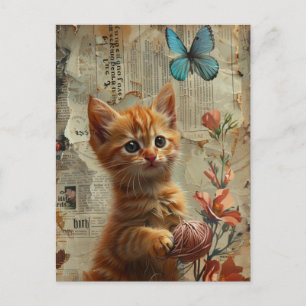 Carte Postale Chaton roux adorable avec papillon bleu de laine