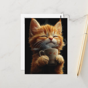 Carte Postale Chaton roux adorable avec un café