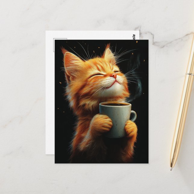 Carte Postale Chaton roux adorable avec un café (Devant/Arrière en situation)