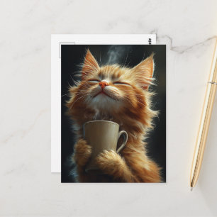 Carte Postale Chaton roux adorable et heureux avec un café