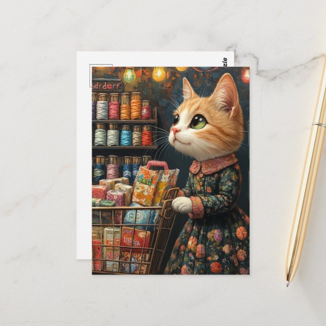 Carte Postale Chaton roux adorable faisant des courses (Devant/Arrière en situation)