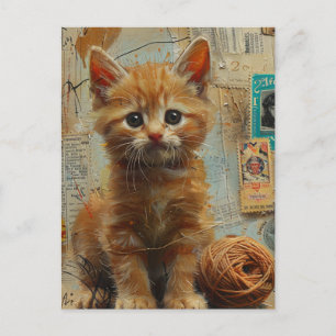 Carte Postale Chaton roux Collage de fil Mixte