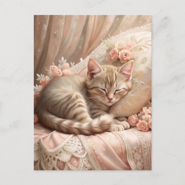 Carte Postale Chaton roux dormant (Shabby Chic) (Devant)