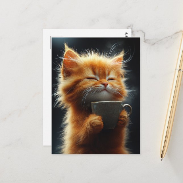 Carte Postale Chaton roux mignon heureux avec un café (Devant/Arrière en situation)