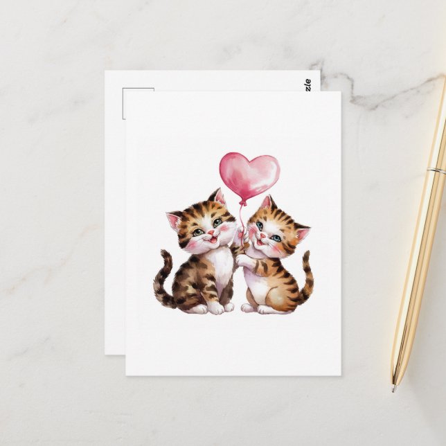 Carte Postale Chatons adorables et ballons cardiaques (Devant/Arrière en situation)