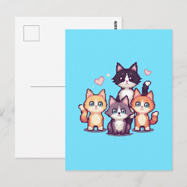 Carte Postale Chatons Colorés Pixelisés Vert (Devant / Derrière)