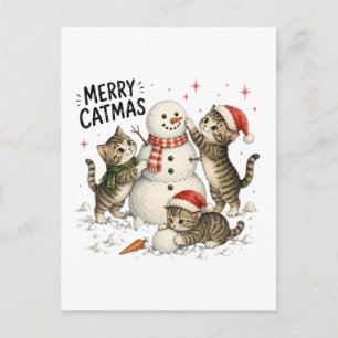 Carte Postale Chatons de Noël construisant un bonhomme de neige
