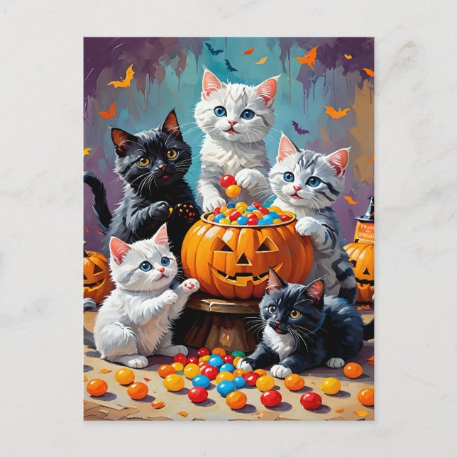 Carte Postale Chatons d'Halloween et bol de bonbons Citrouille (Devant)