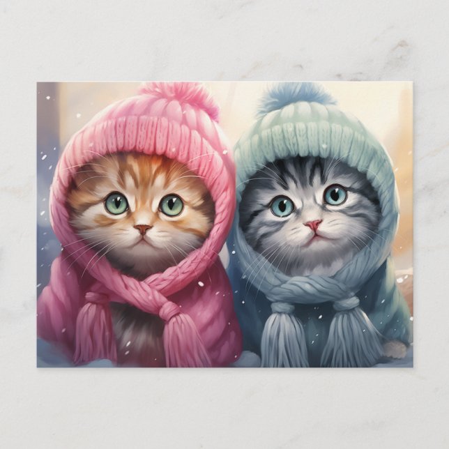 Carte Postale Chatons d'hiver en Casquette nus (Devant)