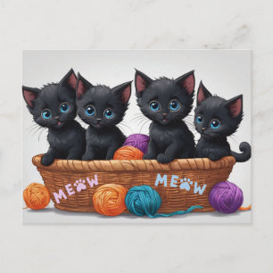 Carte Postale Chatons noirs dans un panier avec du fil