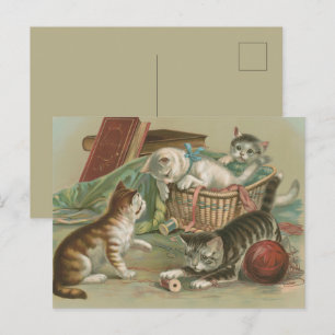 Carte Postale Chatons victoriens vintage jouant dans un panier à
