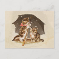 Chatons vintage sous parapluie art de chat antique