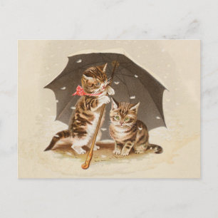 Carte Postale Chatons vintage sous parapluie art de chat antique