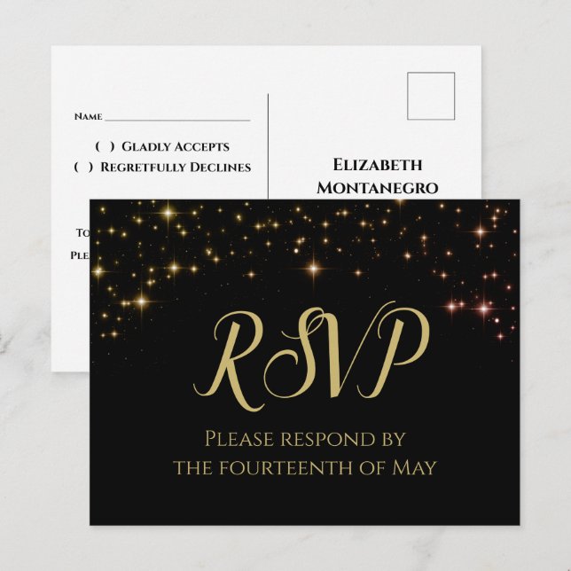 Carte Postale Chatoyant Sparkles Gold & Black Wedding RSVP (Devant / Derrière)