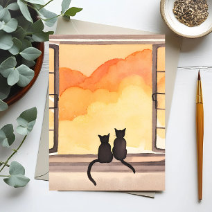 Carte Postale Chats à la fenêtre   Silhouette aquarelle au couch