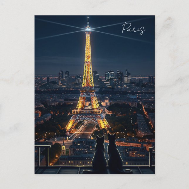 Carte Postale Chats à Paris Tour Eiffel la Nuit (Devant)
