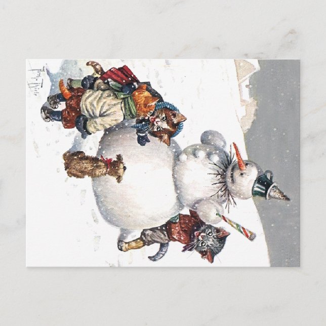 Carte Postale Chats adorables Construire un bonhomme de neige (Devant)