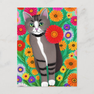 Carte Postale Chats blancs et gris Whimsical et Fleur rouge