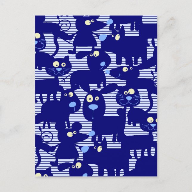 Carte Postale Chats - Chiens et souris en bleu (Devant)