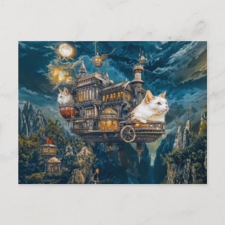 Carte Postale Chats de château volant Nuit Steampunk