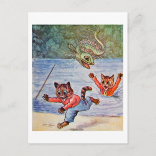 Carte Postale Chats de dessins animés de Louis Wain et poissons 
