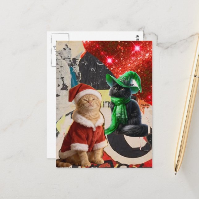 Carte Postale Chats de Noël Collage de Médias Mixtes (Devant/Arrière en situation)