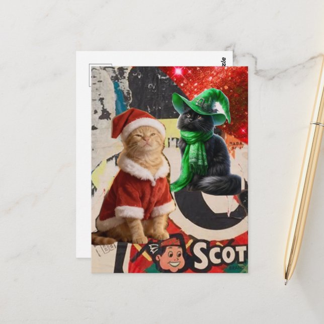 Carte Postale Chats de Noël mignons Collage de médias mixtes (Devant/Arrière en situation)
