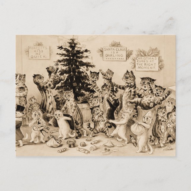 Carte Postale Chats décorant l'arbre de Noël par Louis Wain (Devant)