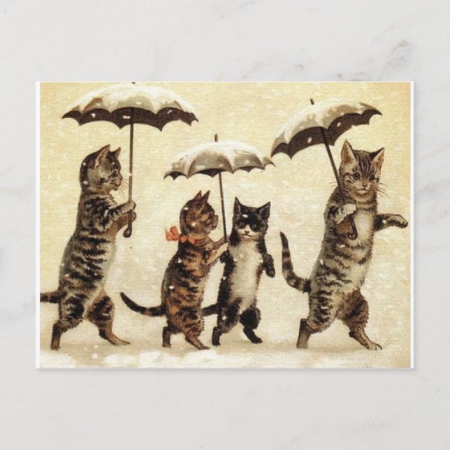 Carte Postale Chats en neige avec parapluies (Devant)