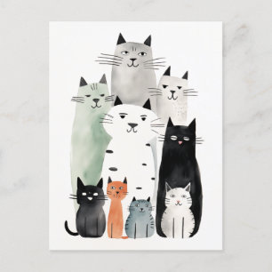 Carte Postale Chats et amis Aquarelle Gouache Illustration