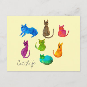 Carte Postale Chats fous colorés en aquarelle