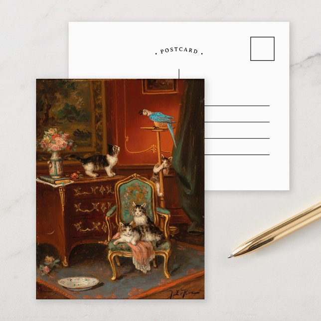 Carte Postale Chats jouant avec un perroquet | Jules Le Roy (Créateur téléchargé)