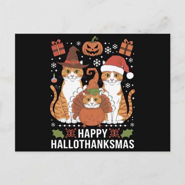 Carte Postale Chats Joyeux Hallothanksmas Halloween Noël  (Devant)