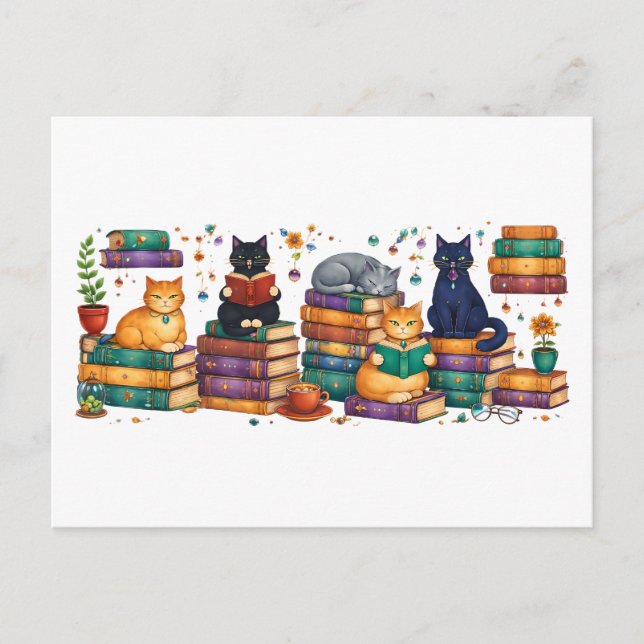 Carte Postale Chats lisant des livres Scène de bibliothèque cosy (Devant)