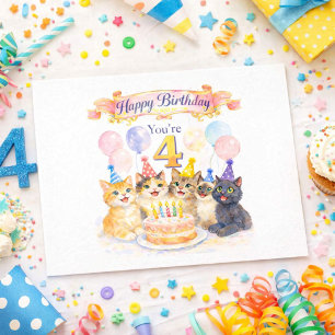 Carte Postale Chats mignons 4ème Joyeux Anniversaire pour les fi