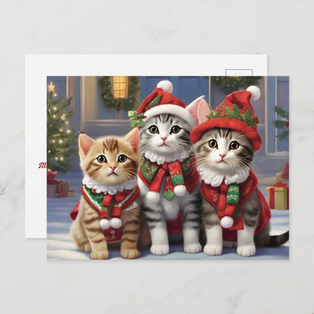 Carte Postale Chats mignons avec chapeaux de Père Noël (Devant / Derrière)