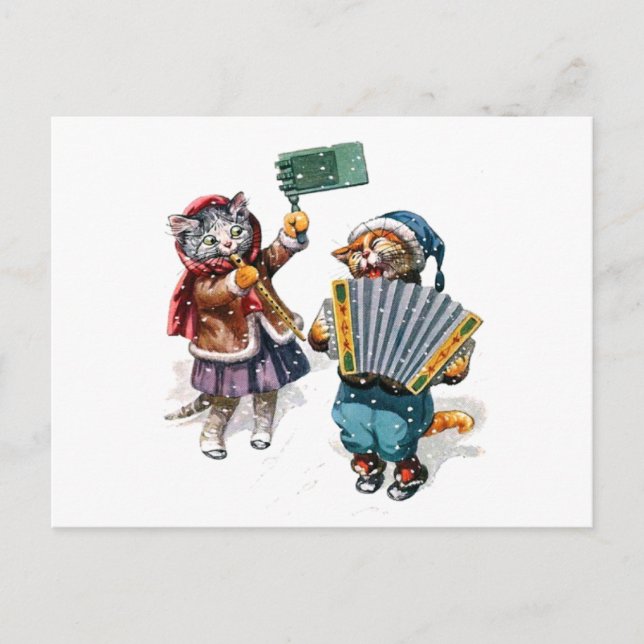 Carte Postale Chats mignons Jouer l'Accordion dans la neige (Devant)